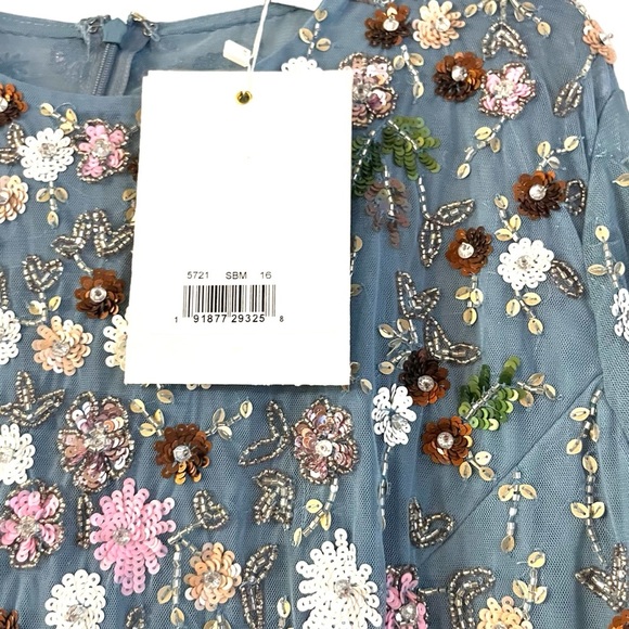 MAC DUGGAL Sequined Floral Long Sleeve High Neck Gown in Slate Blue Multi 5721 - Picture 6 of 8